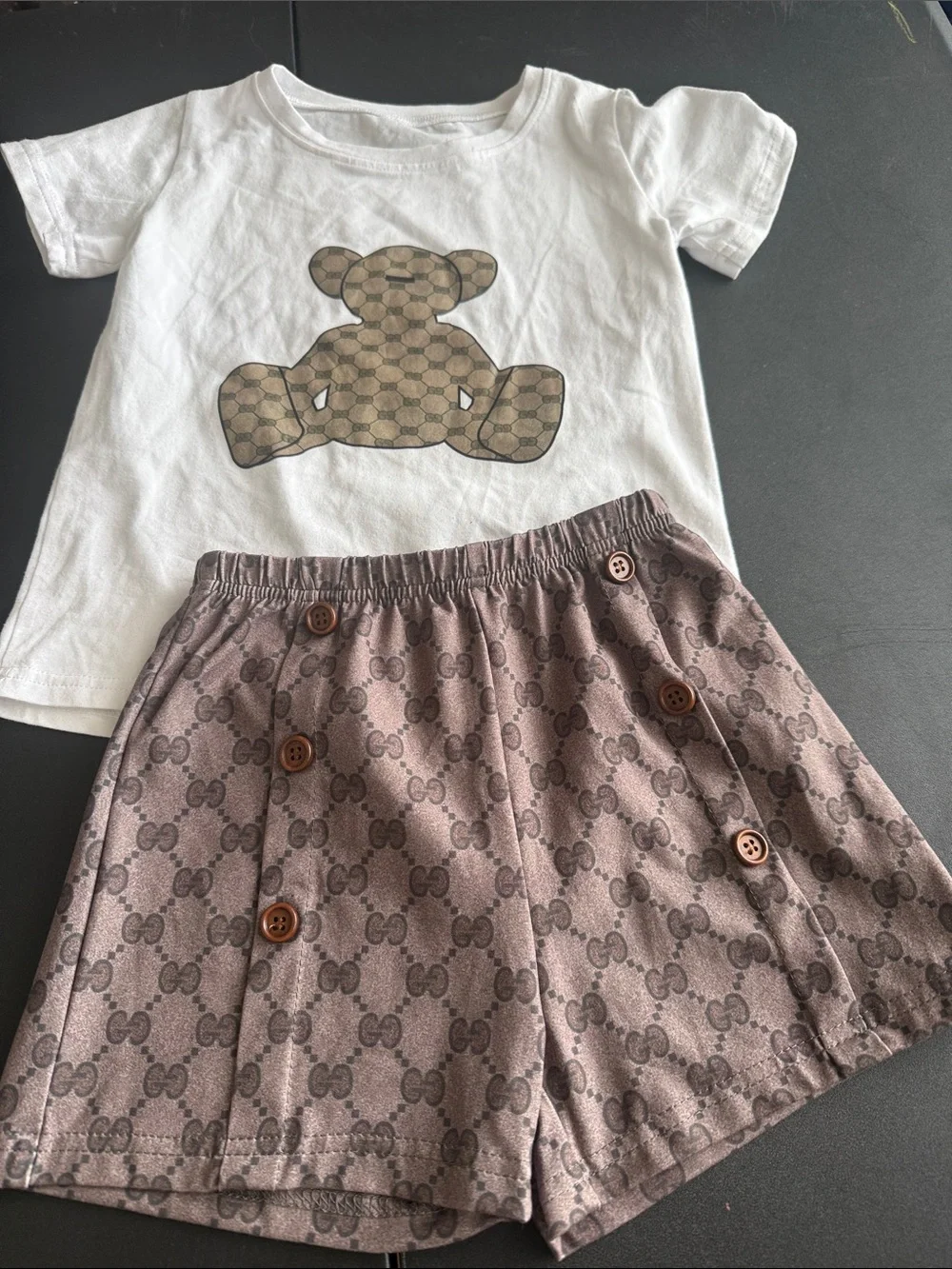 Designer Teddy Tee and Monogram Shorts - White & Brown